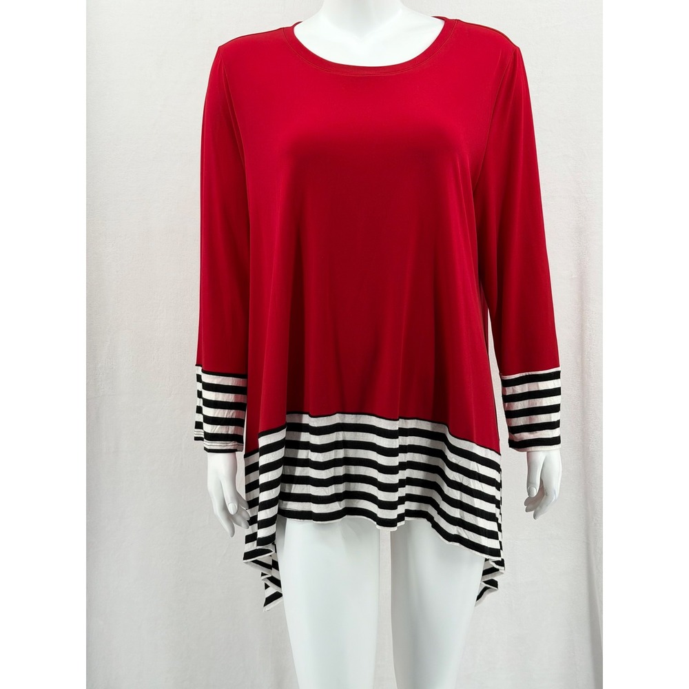 IC Collection Top Womens XL Red Striped Long Sleeve Asymmetric Stretch Lagenlook